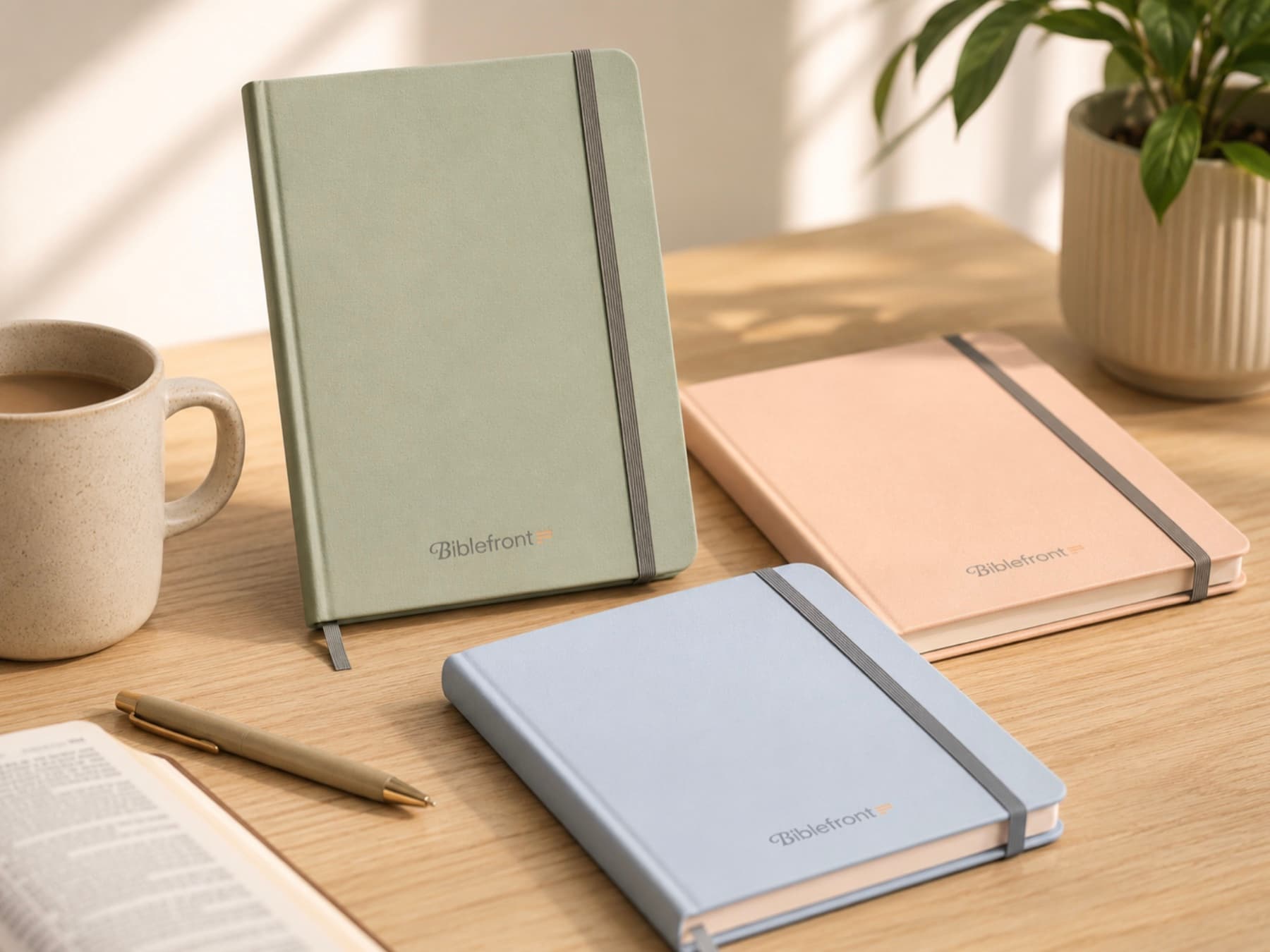 Biblefront notebooks in Sage, Blush, and Light Blue